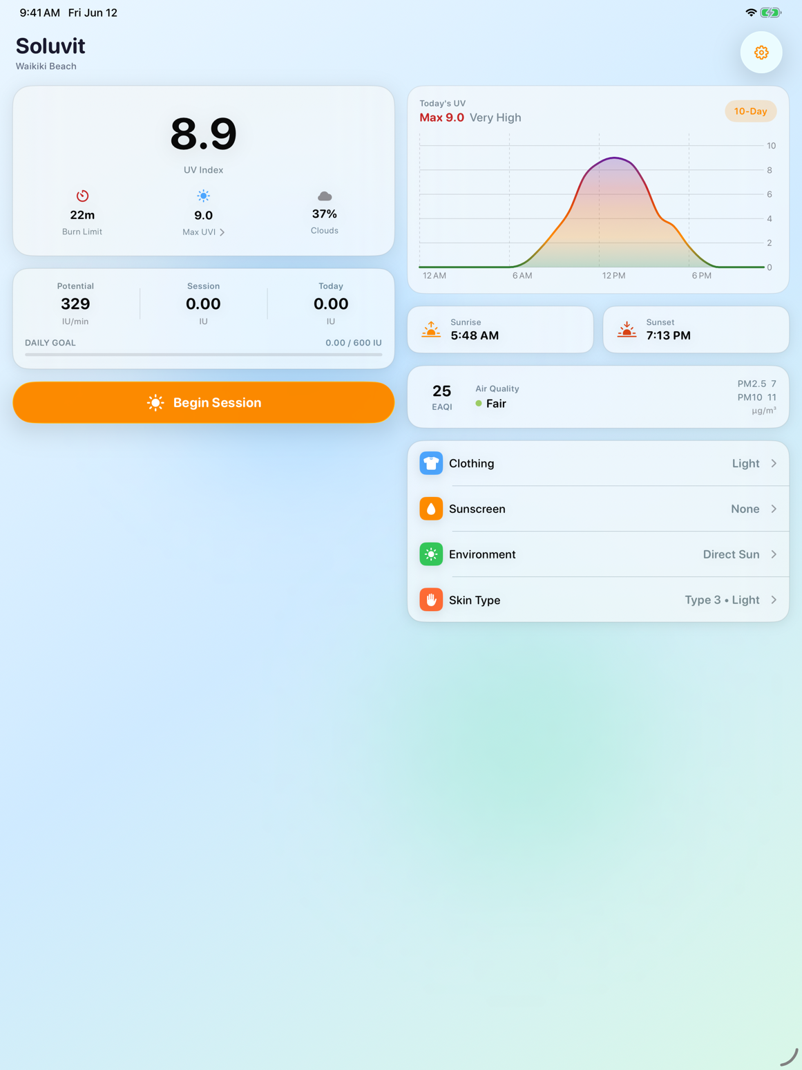 Soluvit on iPad: two-column dashboard with today's UV curve