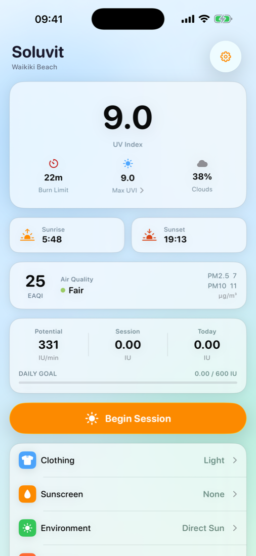 Soluvit dashboard with live UV index, burn limit, air quality and vitamin D progress