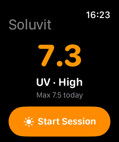 Soluvit on Apple Watch showing UV 7.3 High and a Start Session button